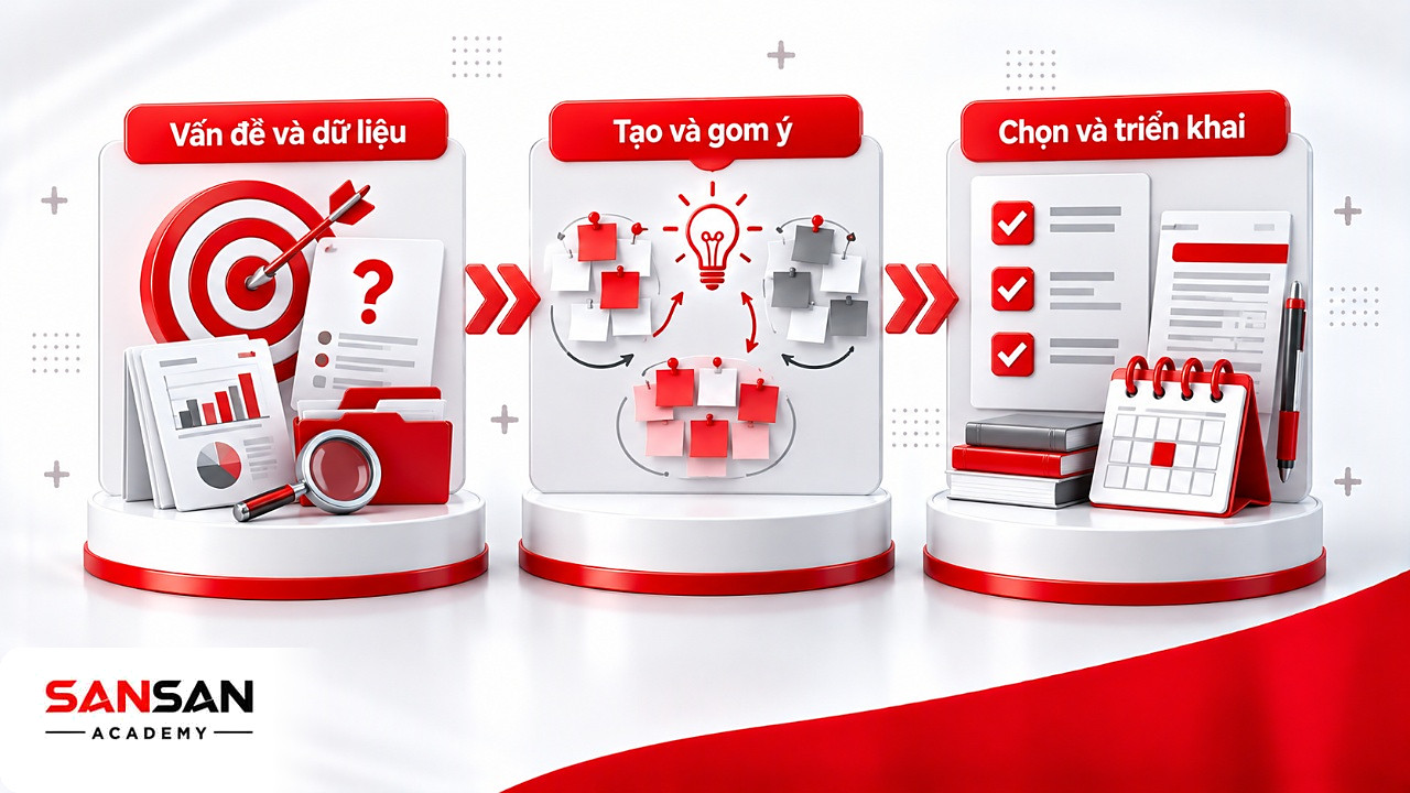 Dòng chảy ba chặng của quy trình Brainstorming: xác định vấn đề và dữ liệu, tạo và gom ý tưởng, chọn và triển khai