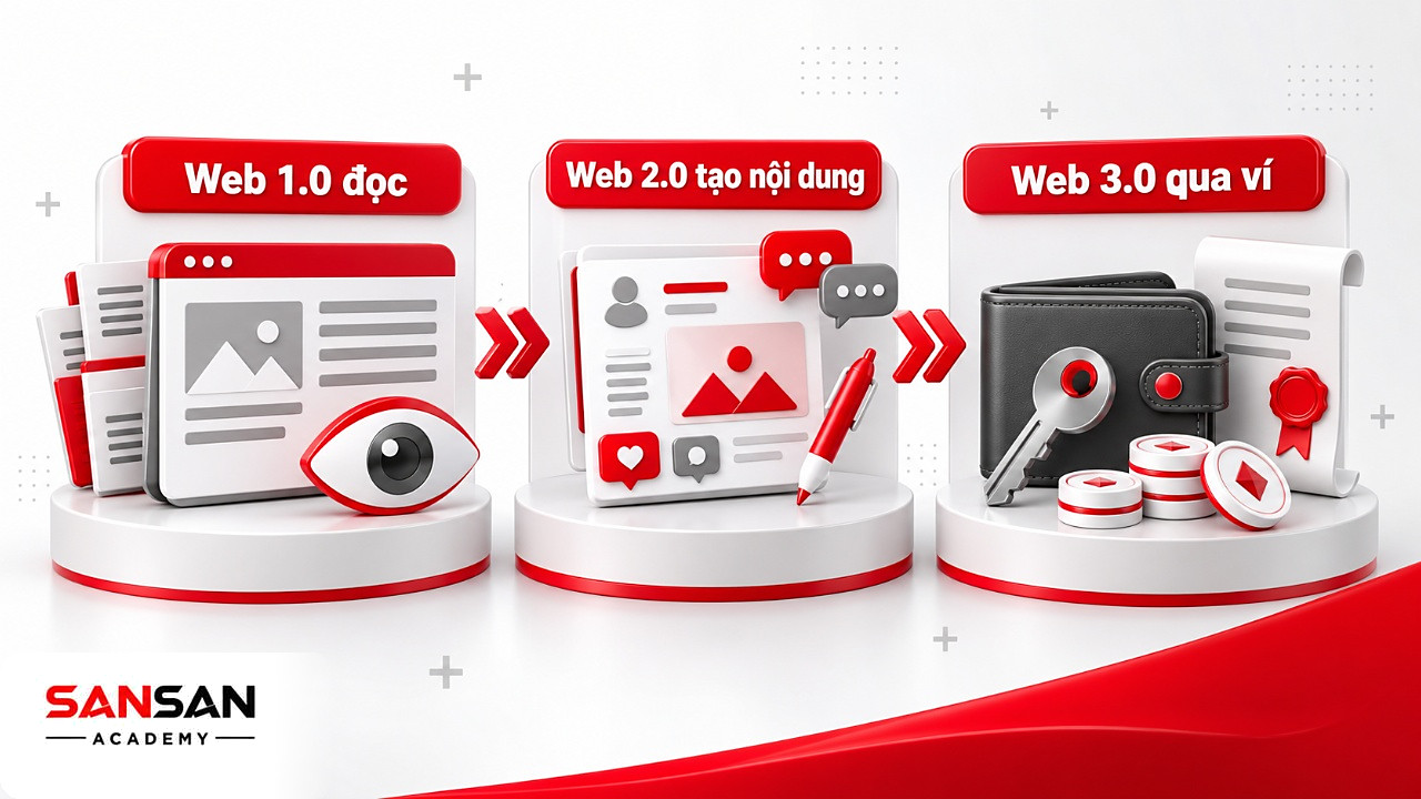 Ba chặng Web 1.0, Web 2.0 và Web 3.0 từ đọc thông tin, tạo nội dung tới tương tác qua ví
