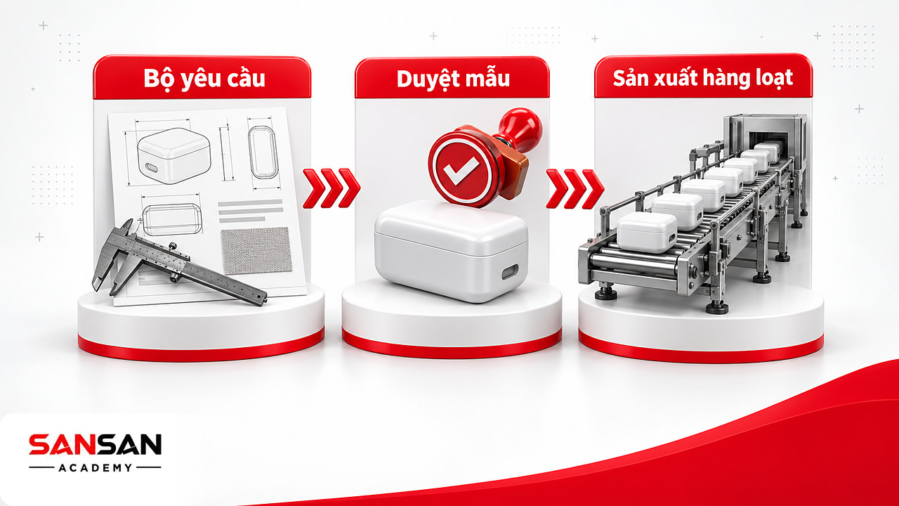 Ba chặng sản xuất OEM: bộ yêu cầu kỹ thuật, duyệt mẫu có dấu đỏ rồi sản xuất hàng loạt