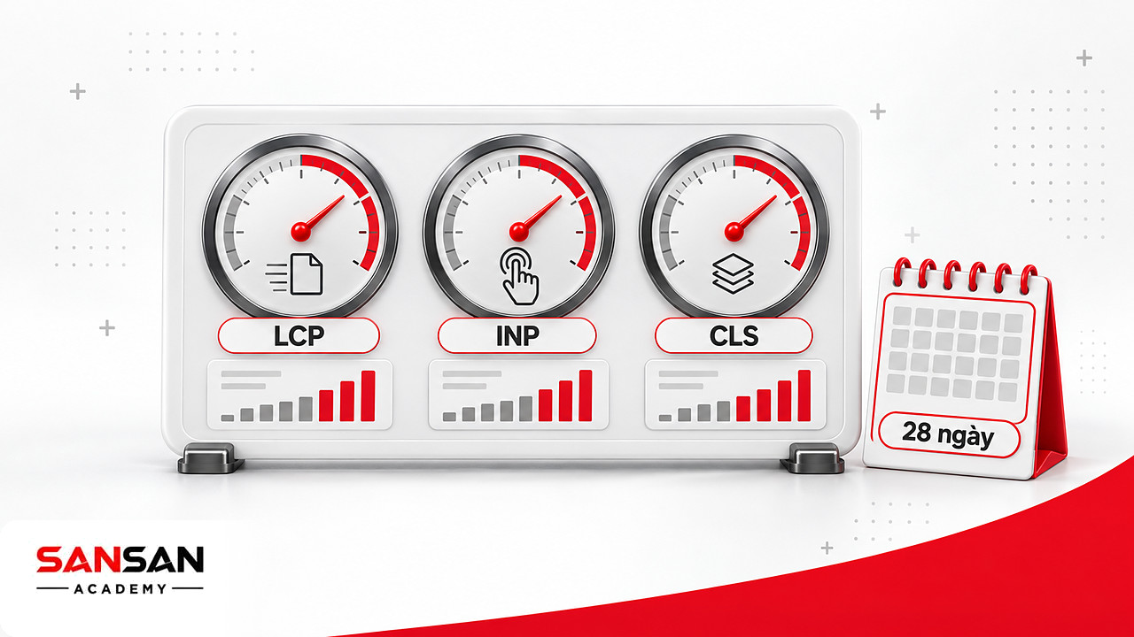 Ba đồng hồ LCP, INP, CLS và lịch 28 ngày trong báo cáo tốc độ của phần mềm SEO