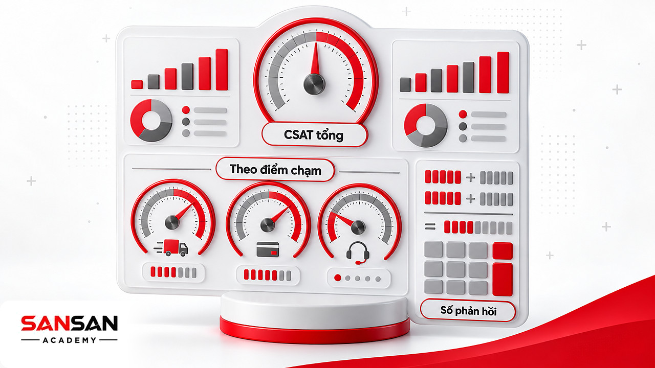 Bảng đồng hồ CSAT tổng ở mức cao, bên dưới là ba đồng hồ theo điểm chạm, một chiếc rơi vào vùng đỏ