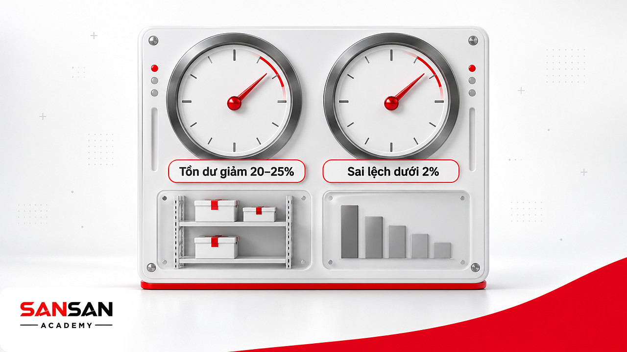 Đồng hồ đo tồn kho dư thừa giảm 20–25% và sai lệch tồn kho dưới 2% sau dự án hệ thống ERP