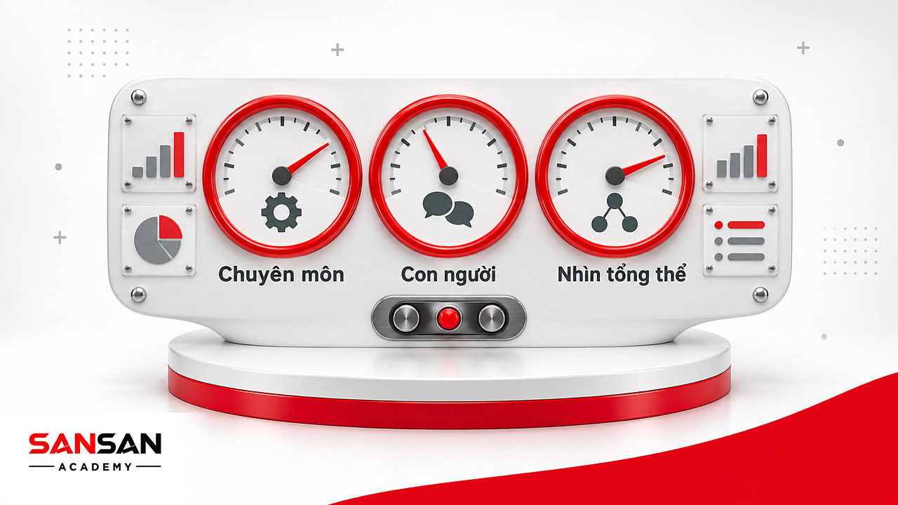 Bảng điều khiển ba đồng hồ đo kỹ năng chuyên môn, con người và tư duy tổng thể của nhà quản trị