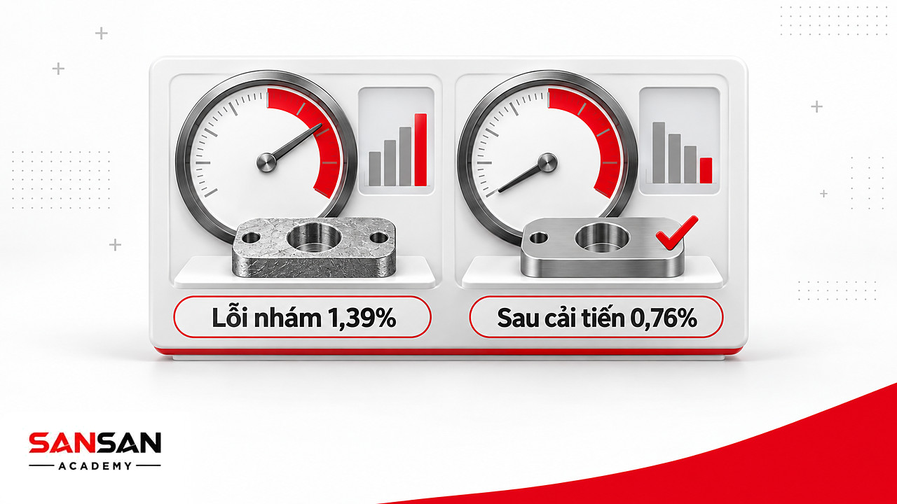 Hai đồng hồ đo tỷ lệ lỗi nhám bề mặt giảm từ 1,39% xuống 0,76% khi áp dụng Lean Manufacturing