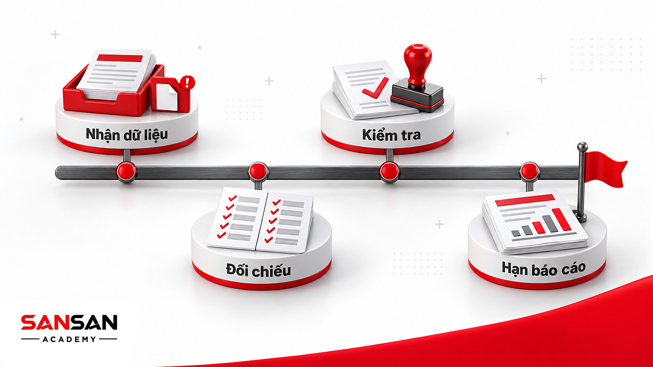 Dòng thời gian kỳ báo cáo kế toán với các mốc nhận dữ liệu, đối chiếu, kiểm tra và hạn nộp báo cáo