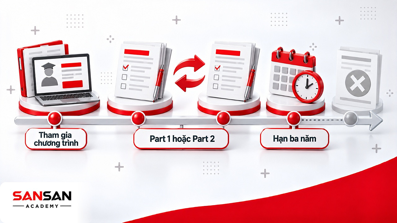 Dòng thời gian ba năm từ khi tham gia chương trình CMA đến hạn hoàn tất hai phần thi
