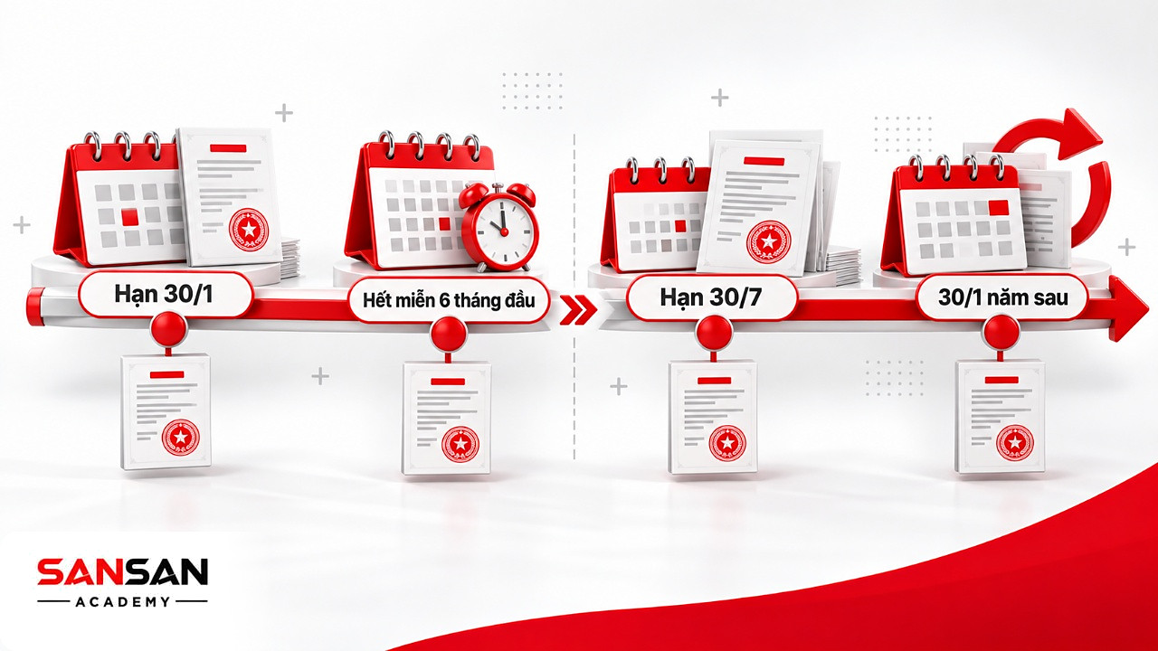 Dòng thời gian hạn nộp thuế môn bài theo quy định cũ với các mốc 30/1, 30/7 và 30/1 năm sau
