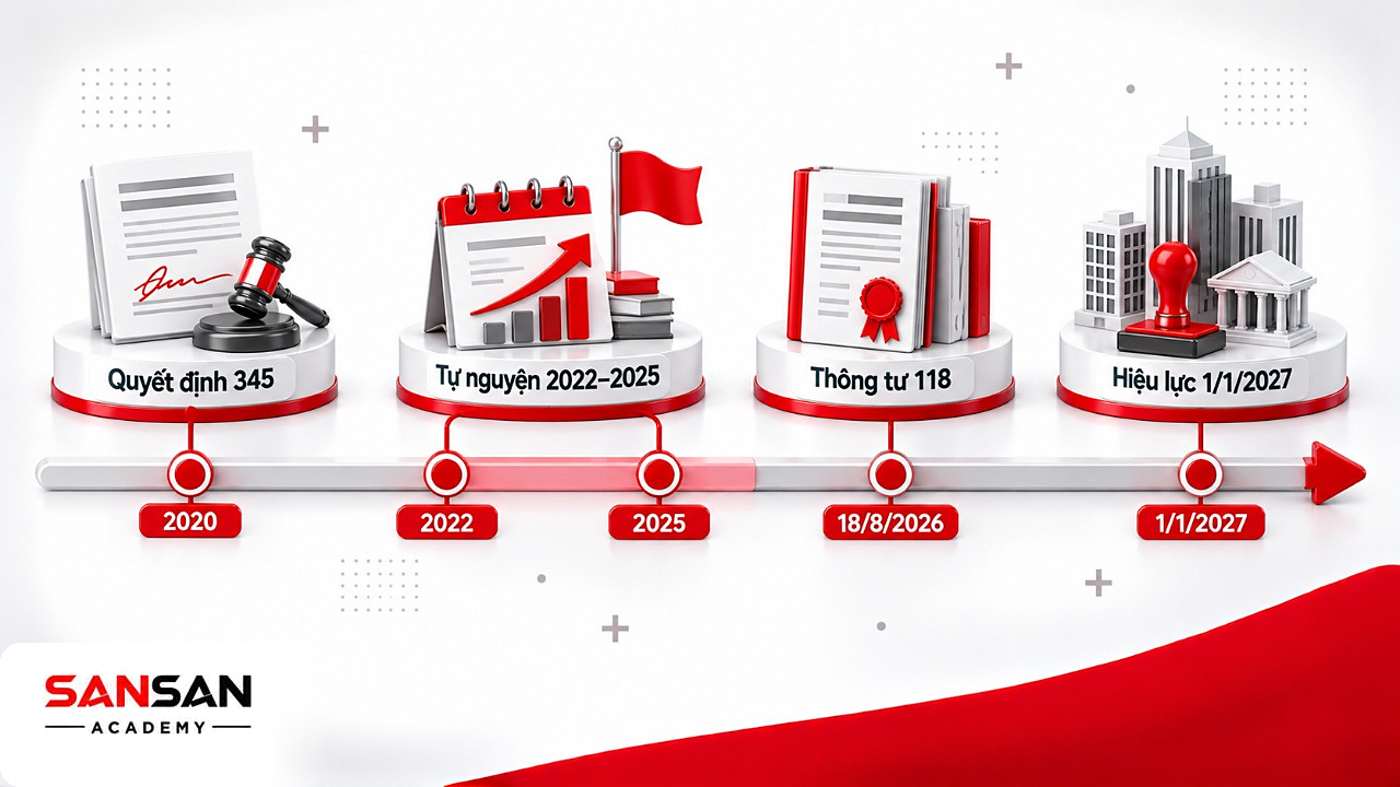 Dòng thời gian IFRS tại Việt Nam: Quyết định 345 năm 2020, giai đoạn tự nguyện 2022–2025, Thông tư 118 hiệu lực 2027