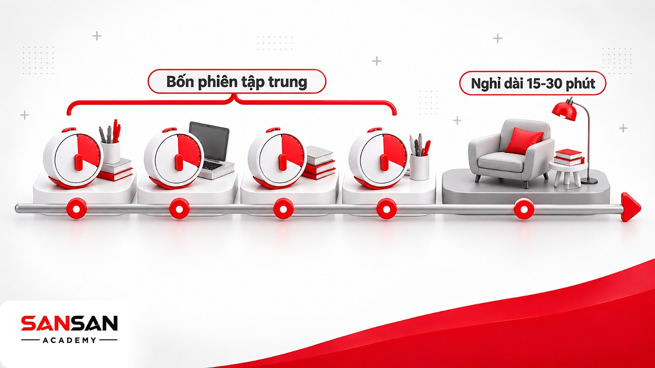 Dòng thời gian bốn phiên tập trung rồi nghỉ dài 15-30 phút theo phương pháp Pomodoro