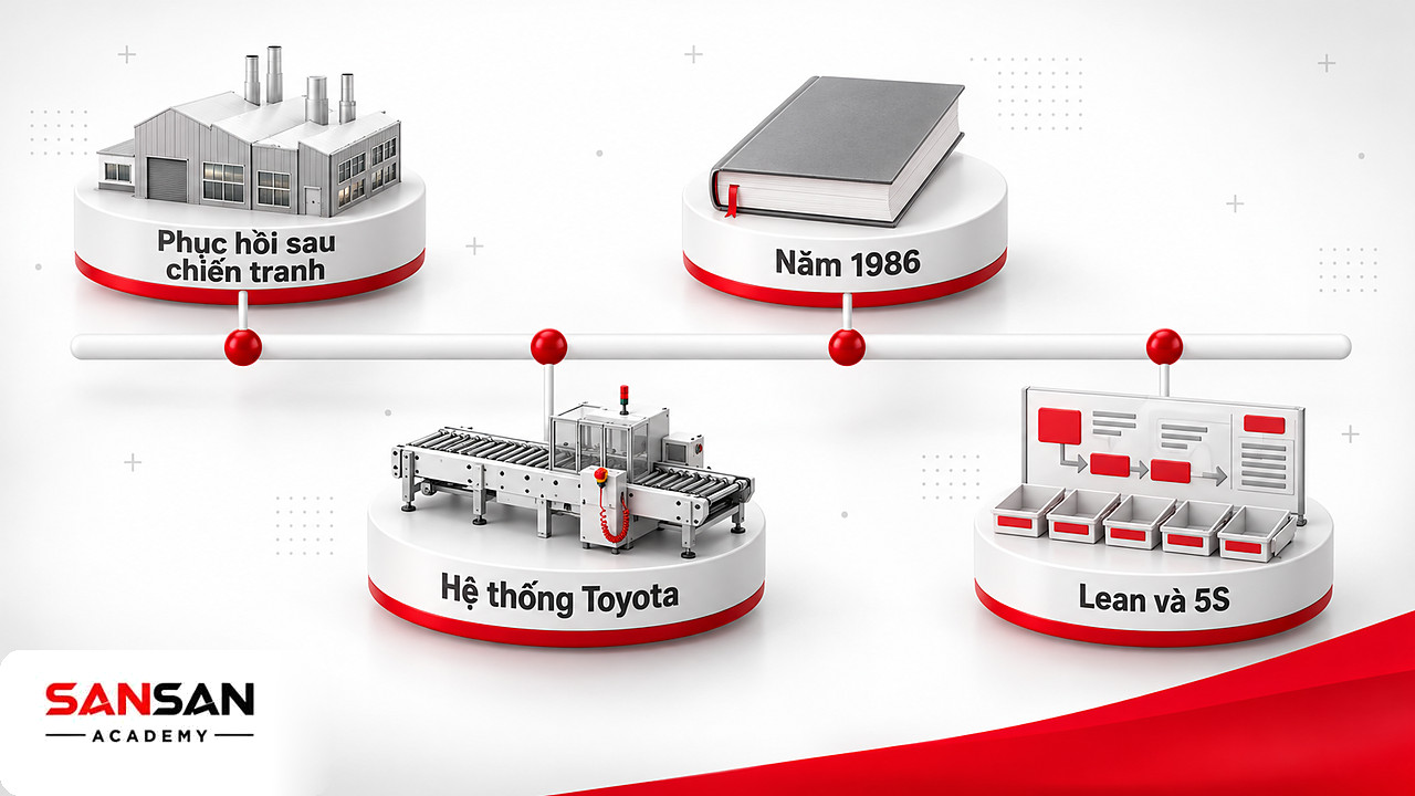 Dòng thời gian nguồn gốc Kaizen: phục hồi sau chiến tranh, hệ thống Toyota, cuốn sách năm 1986, Lean và 5S