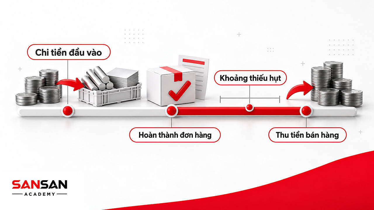 Dòng thời gian vốn lưu động trong sản xuất từ lúc chi tiền đầu vào tới khi thu tiền bán hàng