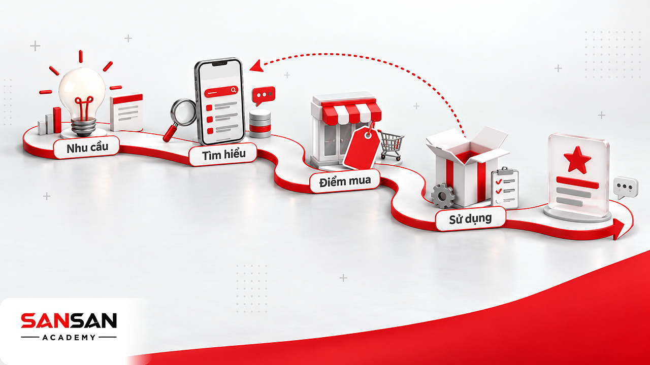 Đường uốn lượn qua các cột mốc nhu cầu, tìm hiểu, điểm mua, sử dụng và chia sẻ của các loại Moment of Truth