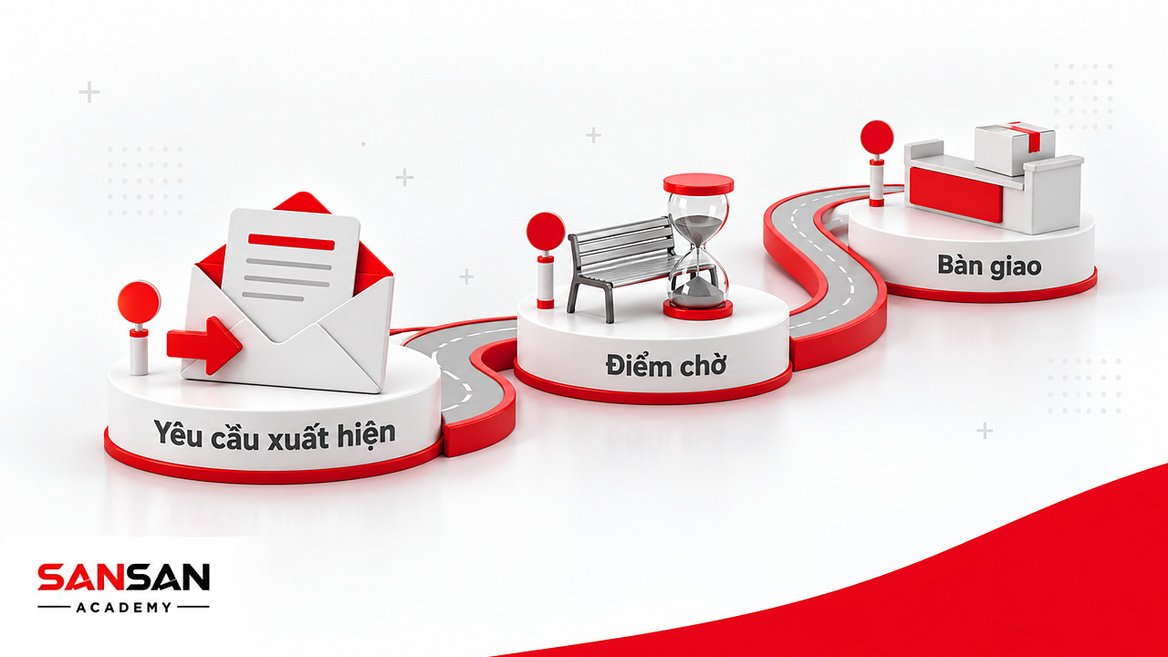 Con đường ba cột mốc lần theo một yêu cầu từ lúc xuất hiện, qua điểm chờ tới bàn giao khi triển khai Kanban