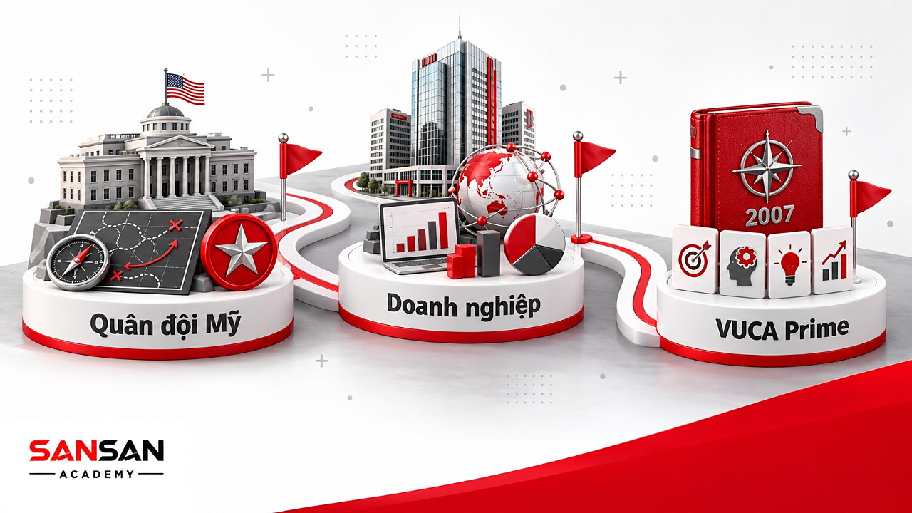 Lộ trình nguồn gốc VUCA từ trường lục quân Mỹ sang quản trị doanh nghiệp rồi cuốn sách năm 2007 của Bob Johansen