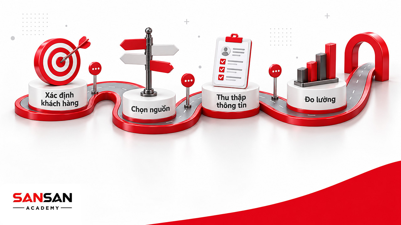 Con đường bốn cột mốc tóm logic quy trình tìm kiếm khách hàng từ xác định khách tới đo lường