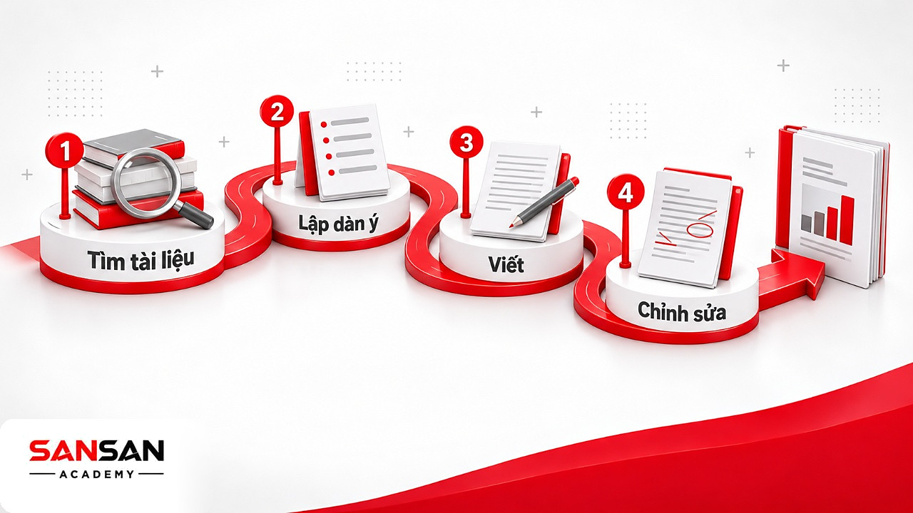 Đường đi bốn cột mốc tìm tài liệu, lập dàn ý, viết và chỉnh sửa báo cáo theo từng phiên Pomodoro