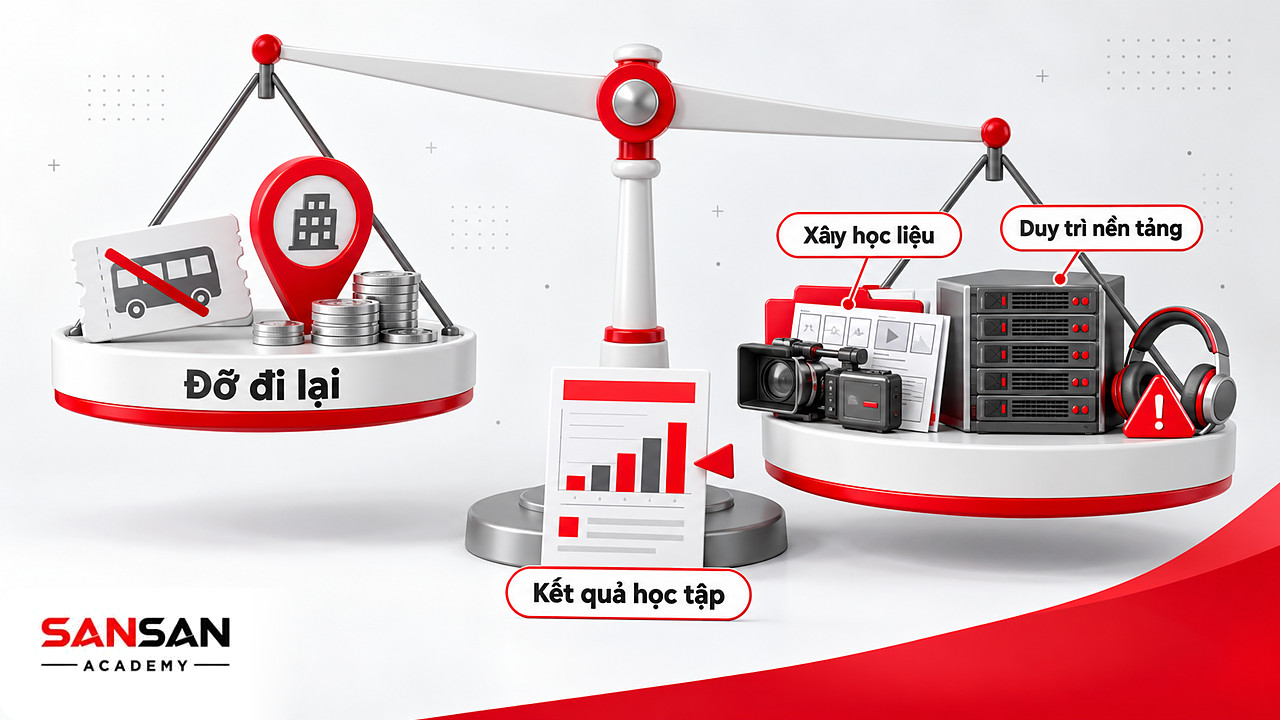Cán cân giữa khoản tiết kiệm đi lại và chi phí xây học liệu, duy trì nền tảng khi tổ chức E-learning