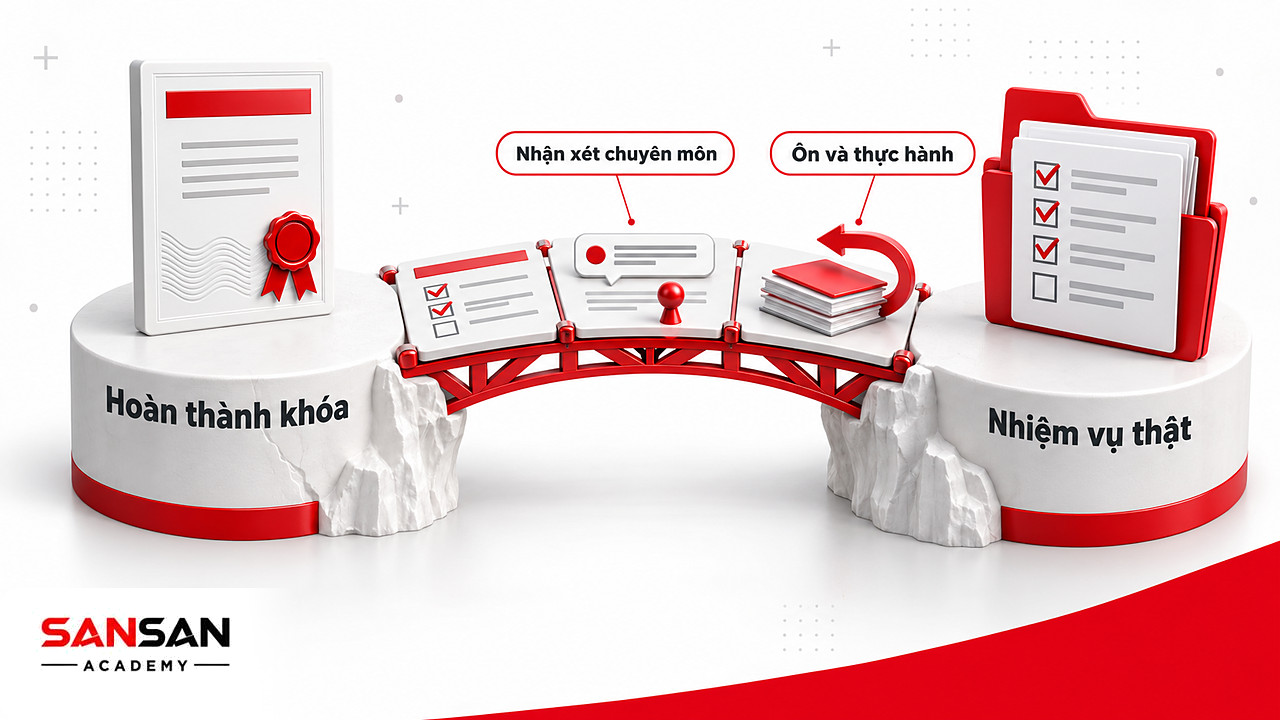 Cây cầu nối chứng nhận hoàn thành khóa E-learning với nhiệm vụ công việc thật qua thực hành và nhận xét chuyên môn