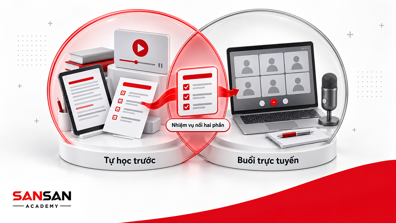 Hai vòng giao nhau giữa phần tự học E-learning và buổi trực tuyến, phần chung là thẻ nhiệm vụ nối hai hoạt động