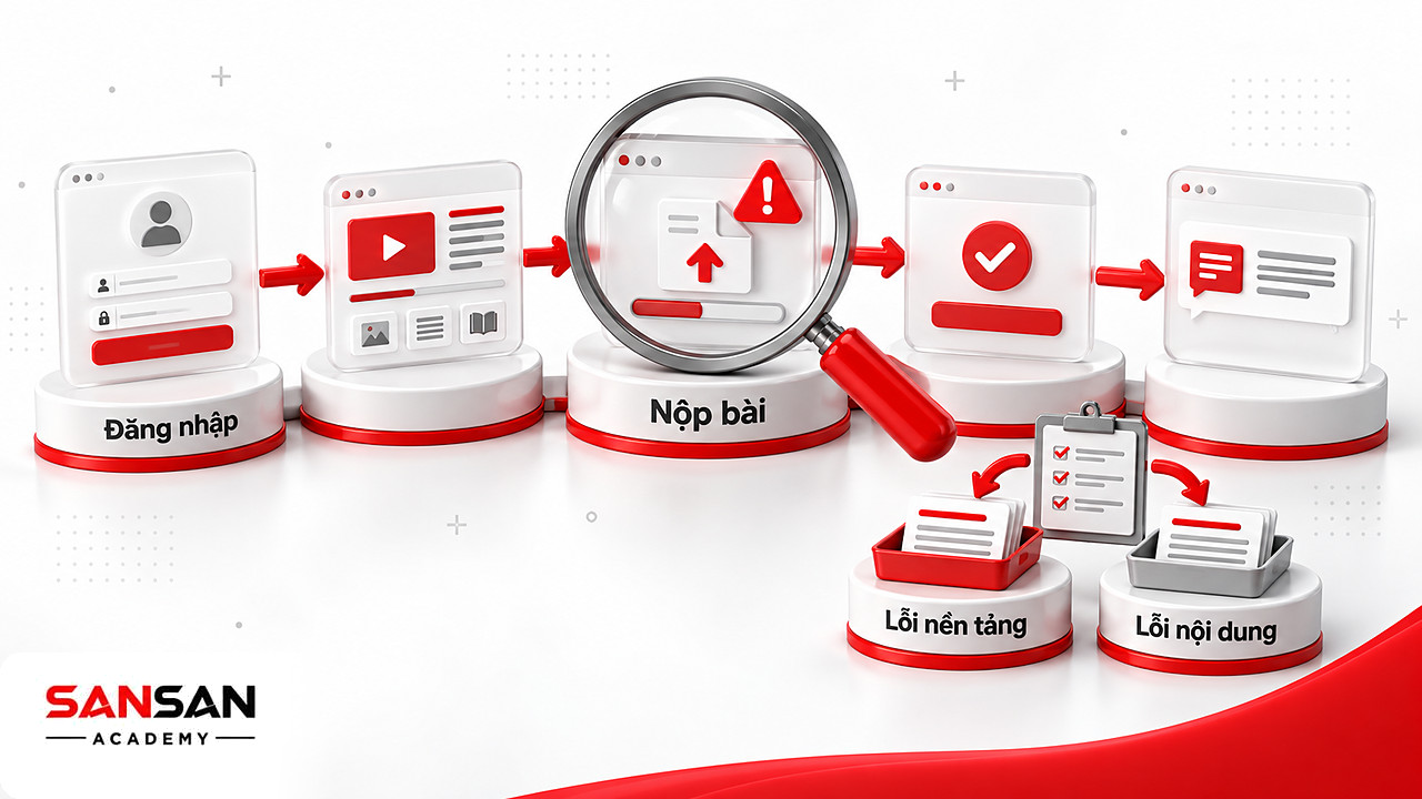 Kính lúp soi chuỗi thao tác chạy thử E-learning từ đăng nhập đến nộp bài, tìm lỗi nội dung hay lỗi nền tảng
