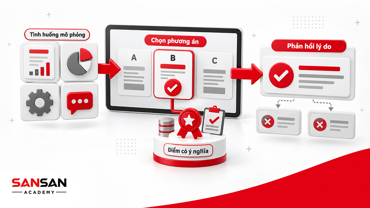 Màn hình mô phỏng E-learning với ba phương án, phương án được chọn dẫn tới phản hồi giải thích và điểm thưởng