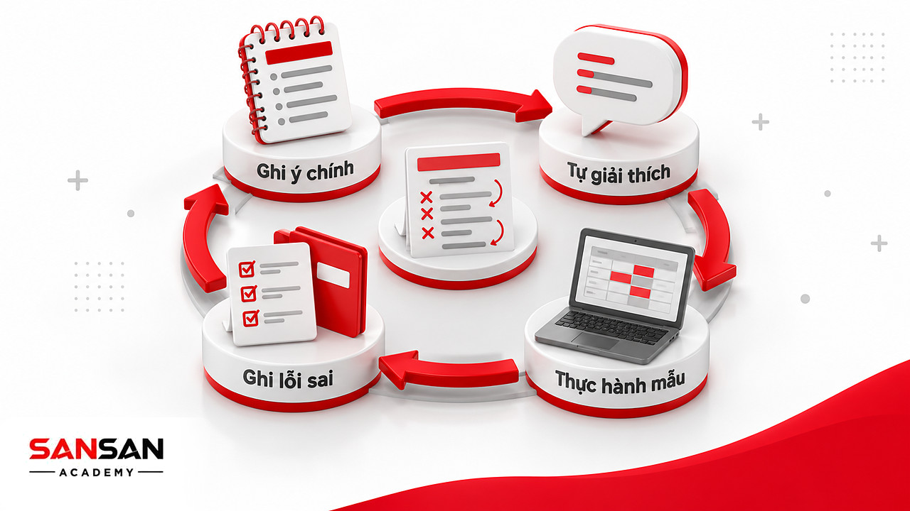 Vòng tròn học E-learning: ghi ý chính, tự giải thích, thực hành dữ liệu mẫu, làm câu hỏi và ghi lại lỗi sai