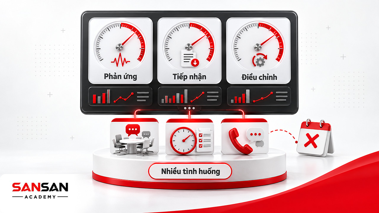 Bảng đồng hồ đo phản ứng, tiếp nhận thông tin và điều chỉnh sau phản hồi qua nhiều tình huống công việc.