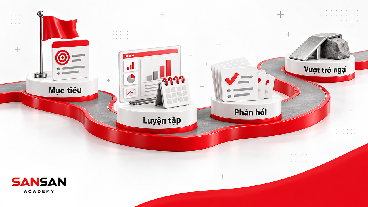 Đường đi có cột mốc mục tiêu, lịch luyện thuyết trình, thẻ phản hồi và chướng ngại thể hiện động lực nội tại.
