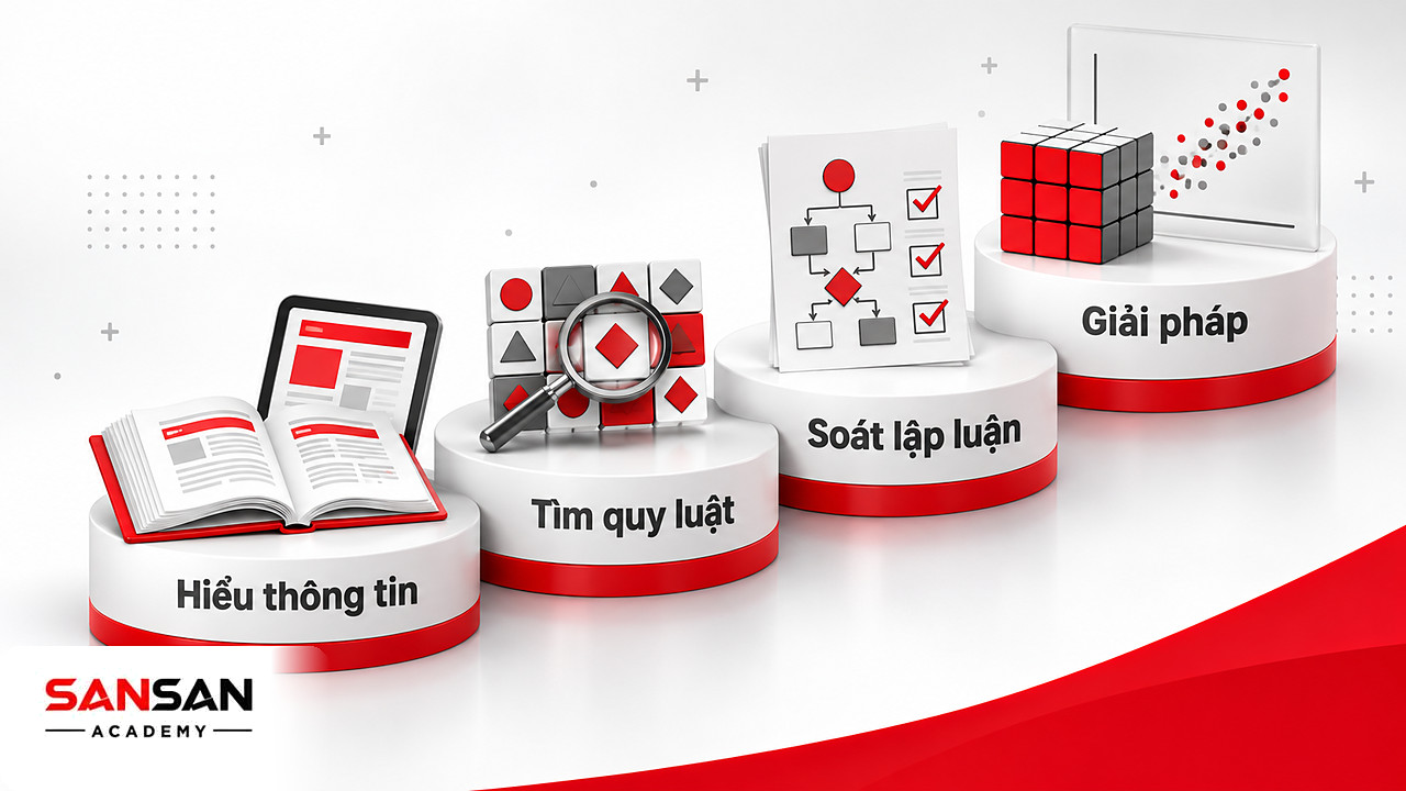 Bậc thang năng lực IQ từ hiểu thông tin, nhận ra quy luật đến kiểm tra lập luận và chọn cách xử lý vấn đề.