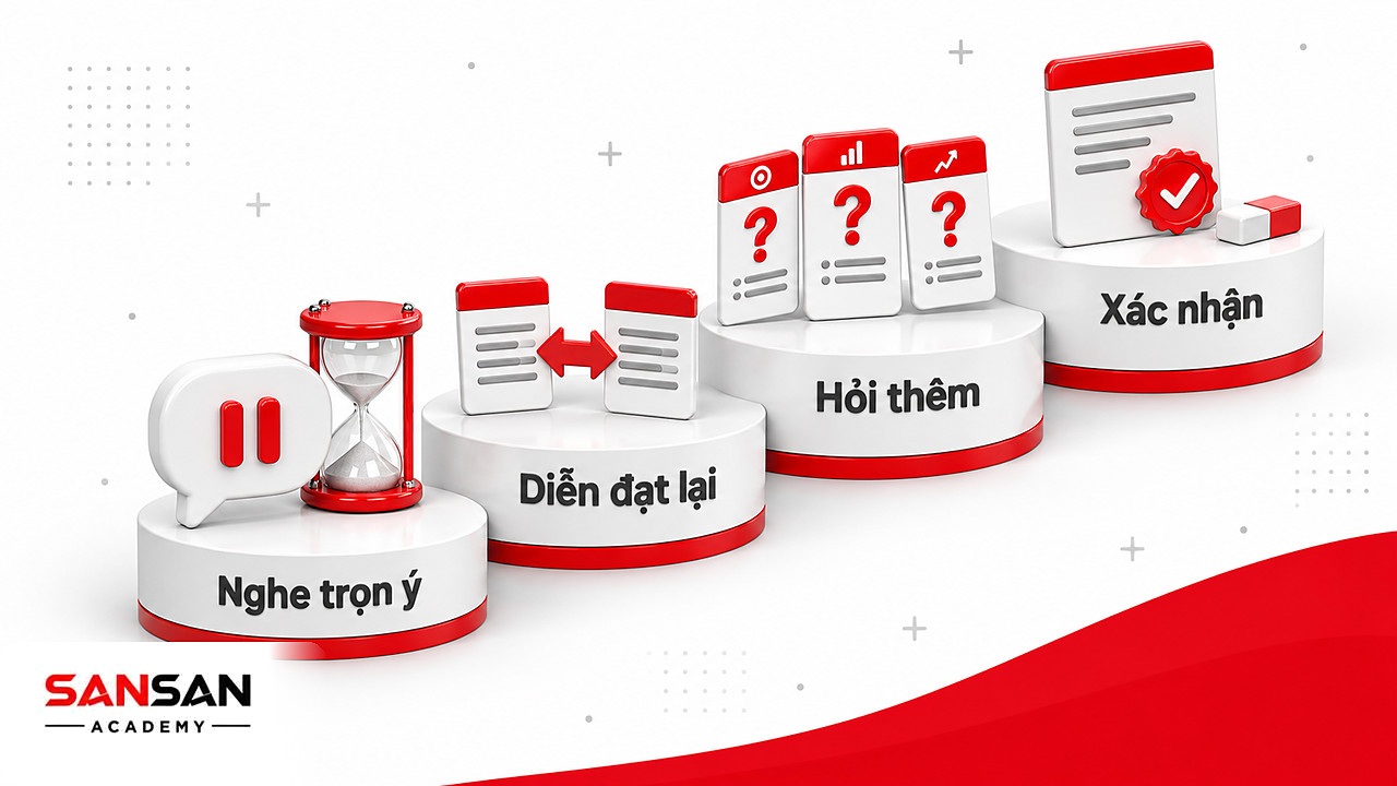 Bậc thang luyện lắng nghe: nghe trọn ý, diễn đạt lại, hỏi thêm về nhu cầu và xác nhận điều mình hiểu.