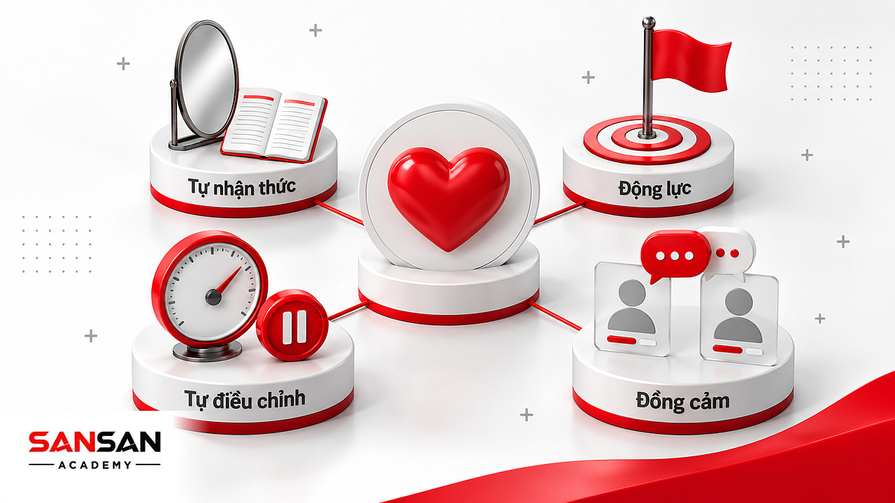 Sơ đồ năm thành phần trí tuệ cảm xúc theo Goleman với gương, đồng hồ áp suất, cờ mục tiêu và bong bóng hội thoại.