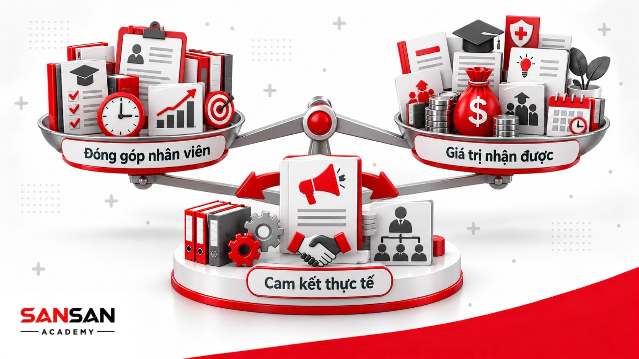 EVP cân bằng đóng góp của nhân viên với thu nhập, phúc lợi, cơ hội phát triển, môi trường và trải nghiệm thực tế tại doanh nghiệp.