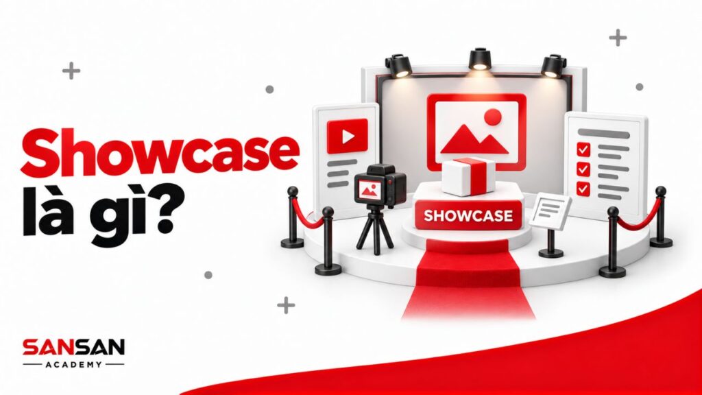 Sân khấu showcase trưng bày sản phẩm cùng màn hình giới thiệu.