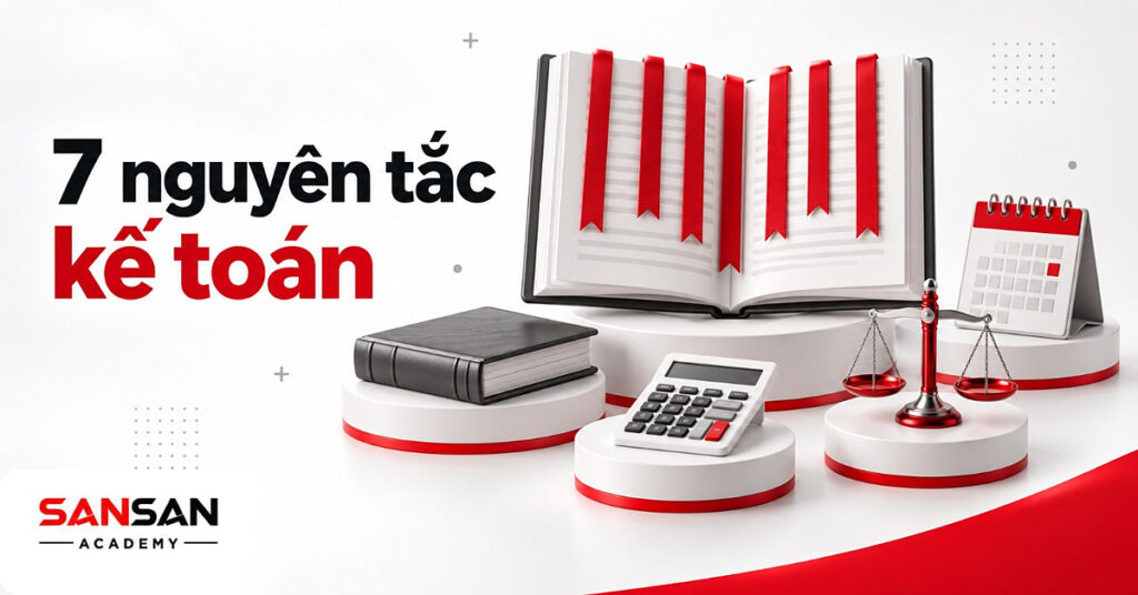 Cuốn chuẩn mực mở với bảy dải đánh dấu đỏ tượng trưng 7 nguyên tắc kế toán, cạnh sổ cái, máy tính và cán cân