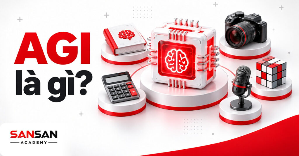 Khối chip trắng lõi đỏ giữa sách, máy tính, ống kính, micro và khối rubik minh họa AGI là gì