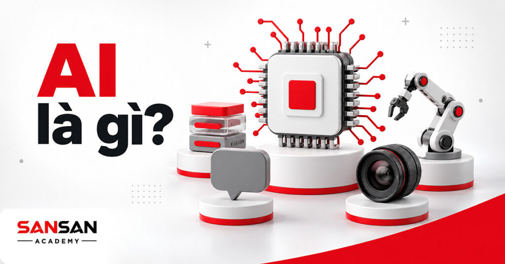 Con chip AI màu trắng với đường mạch đỏ, xung quanh là thẻ dữ liệu, cánh tay robot, khung chat và ống kính