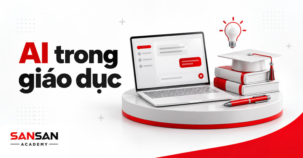 Laptop mở khung trò chuyện cạnh chồng sách, bút đỏ và mũ tốt nghiệp minh họa AI trong giáo dục