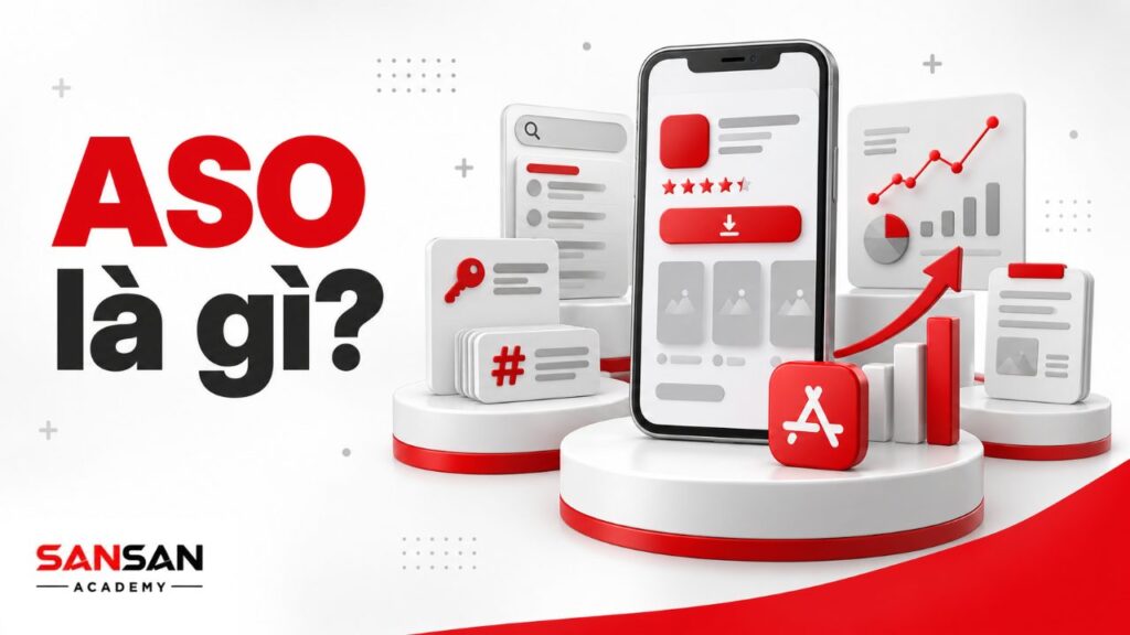 ASO là gì với trang ứng dụng, từ khóa, ảnh chụp màn hình, đánh giá và nút cài đặt trên cửa hàng ứng dụng.
