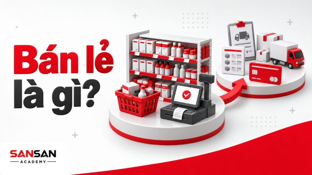 Bán lẻ là gì với kệ hàng, sản phẩm, giỏ mua sắm, máy POS và dữ liệu tồn kho tại điểm bán.