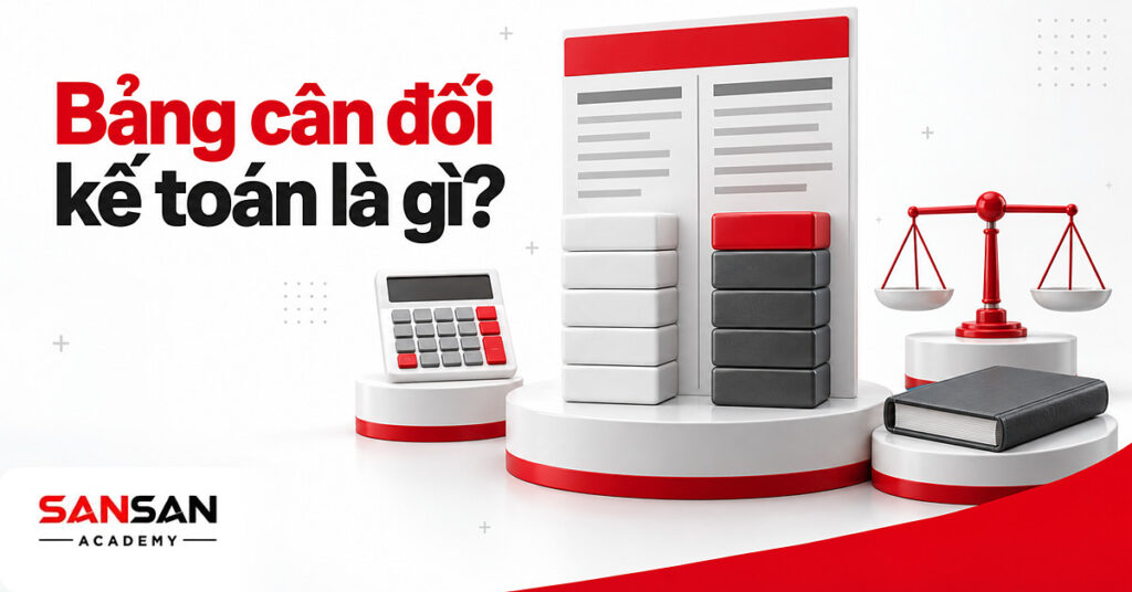 Bảng cân đối kế toán hai cột tài sản và nguồn vốn cao bằng nhau cạnh máy tính, sổ cái và cán cân thăng bằng