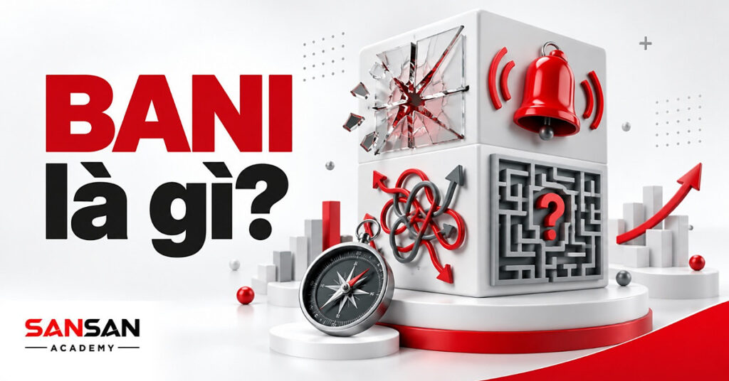 BANI là gì: khối lập phương trắng với kính nứt, chuông báo động, mũi tên rối và mê cung đại diện bốn đặc điểm.