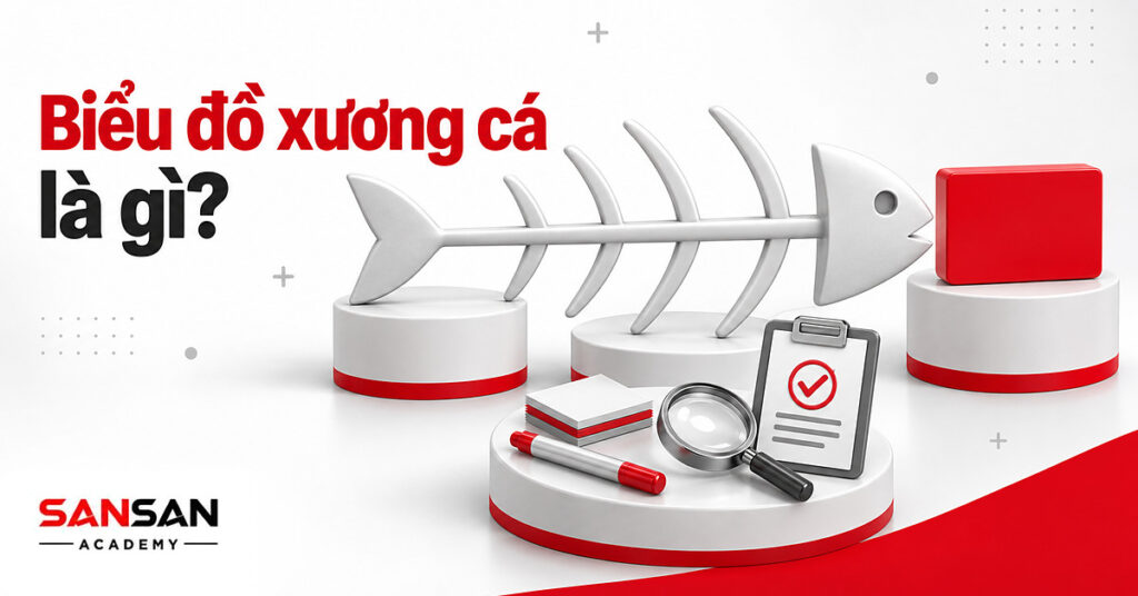 Mô hình biểu đồ xương cá với đầu cá đỏ, xương sống và các nhánh, bên cạnh giấy ghi chú, bút và kính lúp