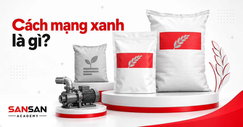 Gói giống dấu đỏ cạnh bao lúa, bao phân, máy bơm tưới và bông lúa cắt giấy minh họa Cách mạng xanh là gì