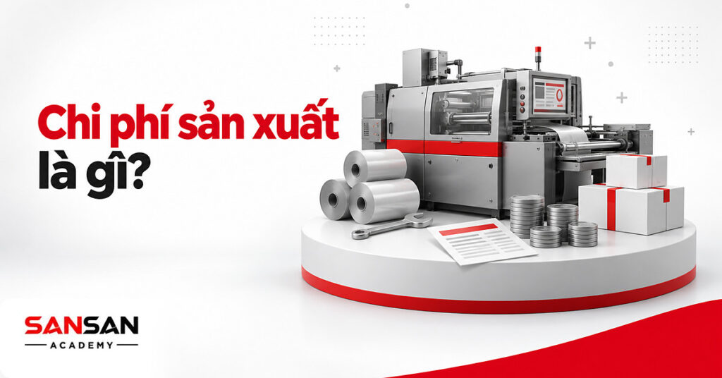 Máy sản xuất xám viền đỏ giữa cuộn nguyên liệu, hộp thành phẩm và sổ chi phí minh họa chi phí sản xuất