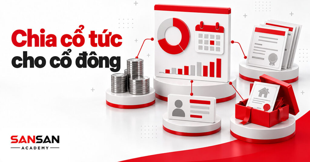 Bảng thông báo chia cổ tức có tỷ lệ đỏ nối tới chồng xu, cổ phiếu và hộp tài sản dành cho cổ đông