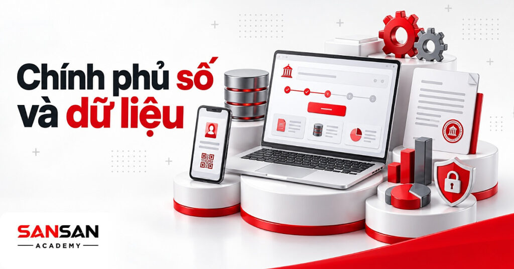 Laptop mở cổng dịch vụ công của chính phủ số với định danh điện tử, kho dữ liệu và văn bản có chữ ký số