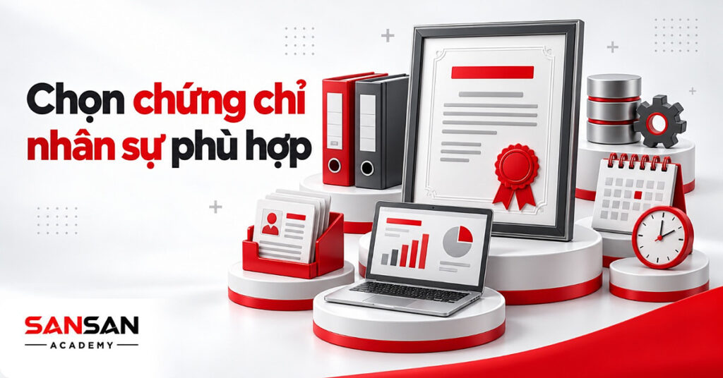 Chứng chỉ nhân sự đóng khung có dấu đỏ đặt giữa tập chính sách nhân sự, hồ sơ ứng viên, máy tính và lịch