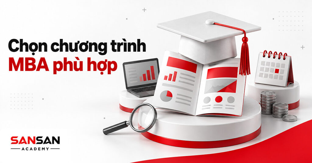 Mũ tốt nghiệp đặt trên tài liệu giới thiệu chương trình MBA, cạnh kính lúp, máy tính xách tay, lịch và đồng xu