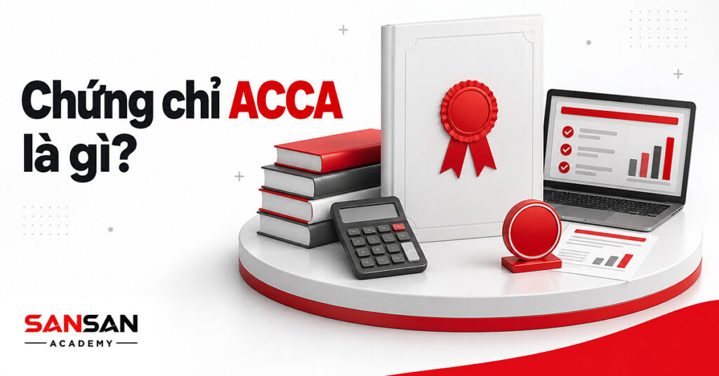 Bìa chứng chỉ ACCA có dấu đỏ cạnh sách kế toán, máy tính cầm tay, laptop và huy hiệu hội viên