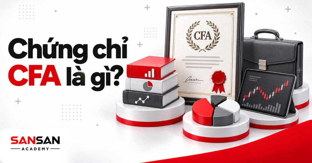 Chứng chỉ CFA Charter đóng khung đỏ giữa ba cuốn sách thi, biểu đồ cổ phiếu và mô hình danh mục đầu tư